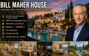 Bill Maher standing beside a luxury Mediterranean-style Beverly Hills mansion with a pool and elegant interiors.