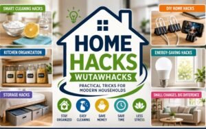 Infographic showing home hacks and household tips for cleaning, organization, storage, energy saving, and DIY solutions.