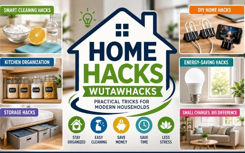 Infographic showing home hacks and household tips for cleaning, organization, storage, energy saving, and DIY solutions.