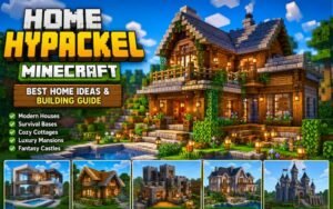 Minecraft home hypackel featured image showing modern, wooden, survival, mansion, and castle house designs.