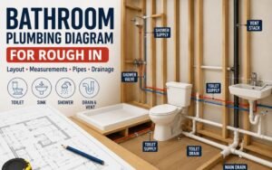 Bathroom plumbing diagram for rough in showing toilet, sink, shower, drain pipes, vent stack, and water supply layout.
