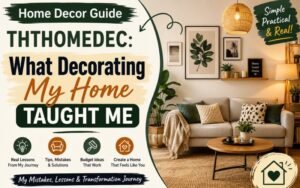 Home Decor Guide Ththomedec featuring a cozy living room with practical home decorating tips and lessons.