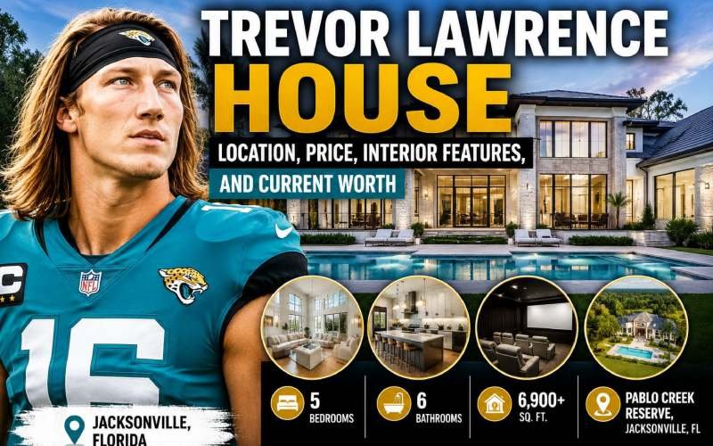 This featured image showcases Trevor Lawrence alongside his upscale Jacksonville residence, emphasizing key details such as the home's location in Pablo Creek Reserve, 6,900+ square feet of living space, five bedrooms, six bathrooms, and its estimated current value.