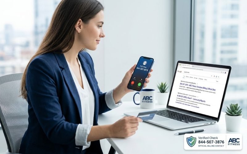 A woman at her desk looking up the phone number 844-507-3876 on her laptop and phone to verify a gym billing query.