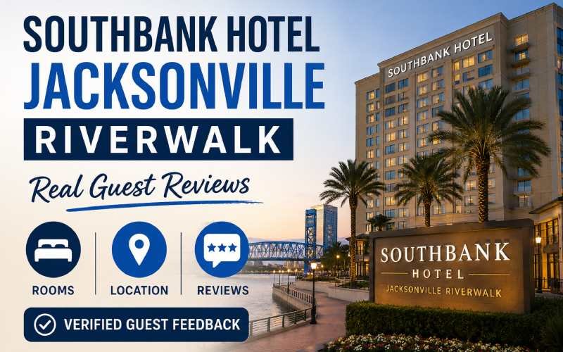 Southbank Hotel Jacksonville Riverwalk with riverfront view and verified guest reviews highlights.