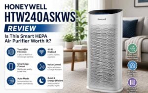 Honeywell HTW240ASKWS smart HEPA air purifier displayed in a modern living room with key filtration and smart features.