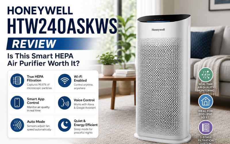 Honeywell HTW240ASKWS smart HEPA air purifier displayed in a modern living room with key filtration and smart features.